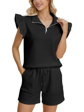 Double Take Black Texture Flounce Sleeve Top and Shorts Set XL